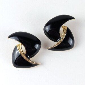 Vintage Black & Gold-tone Boomerang Earrings